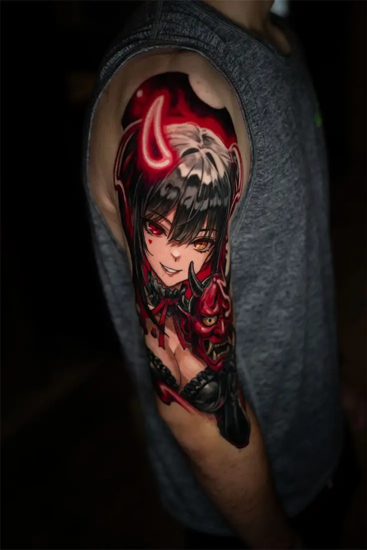 Farbiges Anime Tattoo am Oberarm mit Dämonen-Mädchen, Hörnern und roter Maske