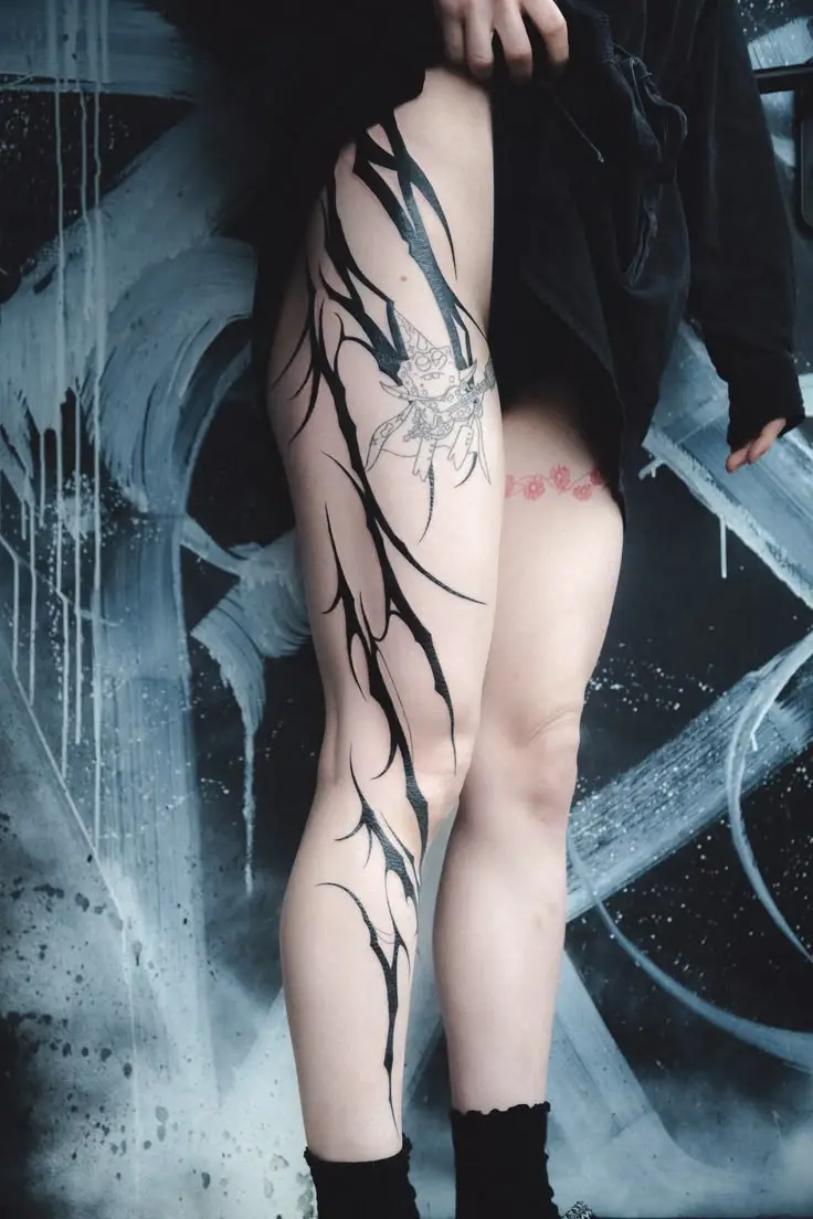 Cyber Tribal Blackwork Tattoo am Bein mit abstrakten schwarzen Linien und fließender Körperanpassung