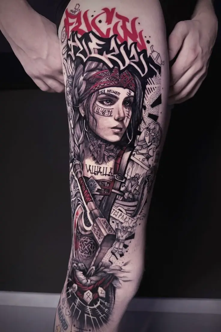 Trash Style Tattoo am Bein mit weiblichem Warrior-Motiv, Graffiti-Schrift, roten Akzenten und grafischen Details