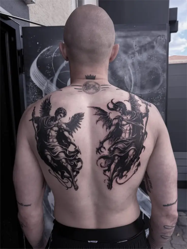 Großflächiges Blackwork Rücken-Tattoo mit Engel und dämonischer Figur in Dark-Art-Optik